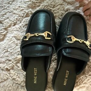 Nine West Black Mules with Gold Detail